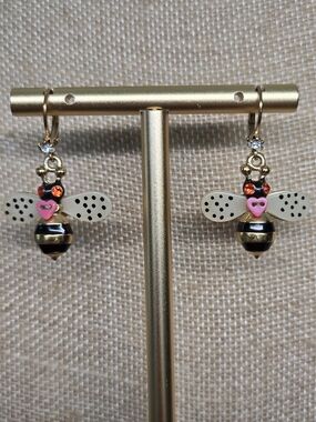 Betsey Johnson Pink & Gold Bee Drop Earrings with Black and White Wings